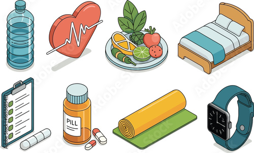 Health Icons Water Bottle Heart Monitor Healthy Food Bed Clipboard Pill Bottle Yoga Mat Smartwatch
