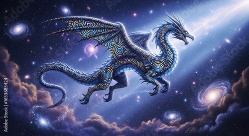 Ornate blue dragon soars through a vibrant, celestial, star-filled cosmos