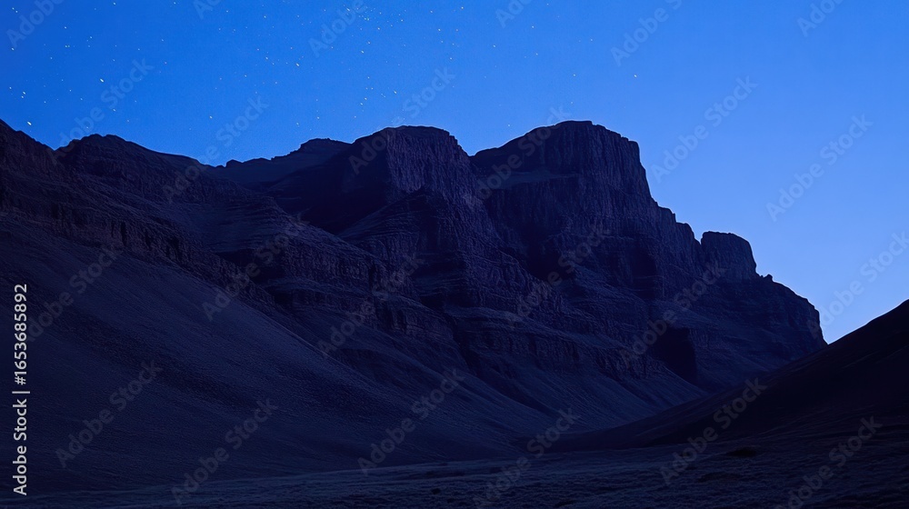 Fototapeta premium Dramatic mountain range silhouette against twilight sky with visible stars provides a sense of awe