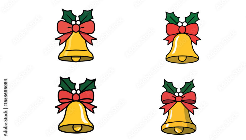 Fototapeta premium Christmas golden bells with red bow and green holly decoration illustration 
