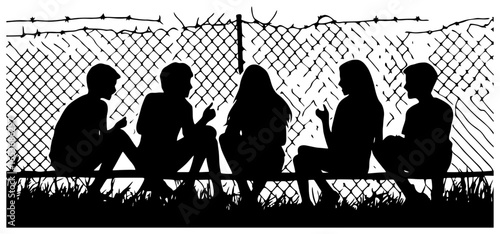 Silhouette of Four Teens Sitting Against a Fence