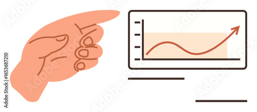 Hand gesture indicating a rising line graph with an upward trend, showcasing data insights and progress. Ideal for business, finance, analytics, growth, planning, learning teamwork. Simple flat