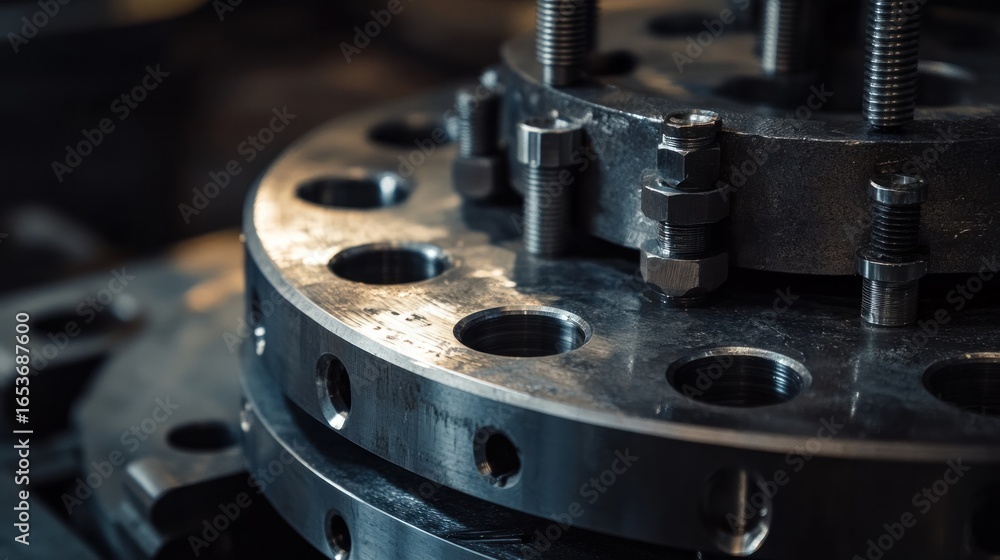 Fototapeta premium Close-up of metal plates with fasteners in industrial setting