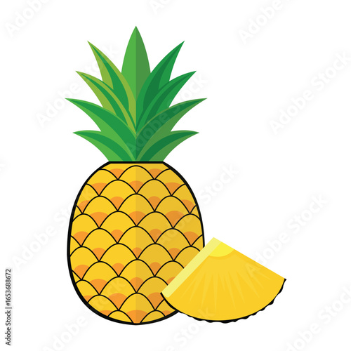 Set of fresh Pineapples tropical fruit icons. Whole pineapple, cut and pieces. Organic fruits for juice, smoothie or vitamin healthy food. Vector icons illustration isolated on white background.