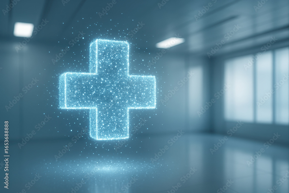 Obraz premium Holographic glowing medical cross symbol floating in futuristic room with blue light and ai medical technology concept for healthcare innovation and digital health solutions