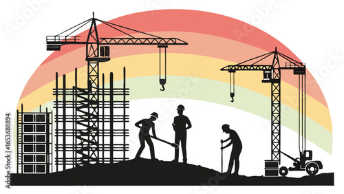 Construction Workers Silhouette:  Two Tower Cranes, Building Under Construction, Retro Rainbow Background,  Hopeful and Optimistic Mood,  Industrial Design,  Modern Architecture,  Teamwork Concept.