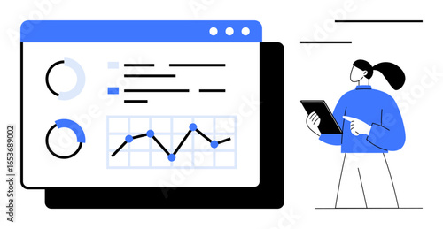 Digital dashboard featuring charts, graphs, and data analytics, reviewed by a person with a tablet. Ideal for analytics, strategy, performance, reporting, technology workflow simple landing page
