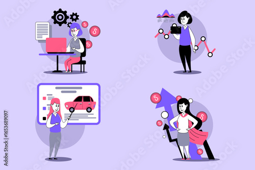 Wallpaper Mural Vibrant illustration of women engaged in various professional tasks, showcasing skills in finance, technology, and business analysis in modern office setting Torontodigital.ca