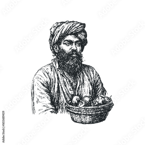 Indian man with turban and beard holding a basket of fruit