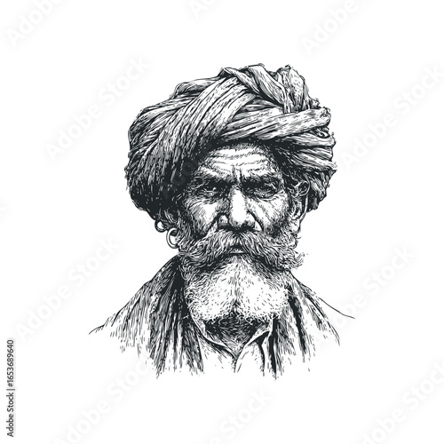 Indian man with turban and elaborate mustache detailed portrait sketch