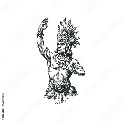Tribal dancer in feathered headdress and ceremonial attire