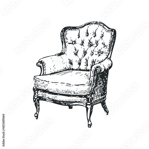 Elegant Hand-Drawn Vintage Armchair with Button Tufting