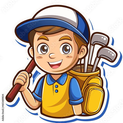 caddie boy holding and carrying golf clubs