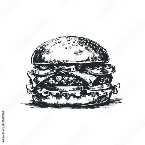 Detailed ink sketch of a classic hamburger with sesame seed bun