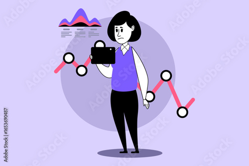 Woman standing and holding tablet, looking concerned while observing data trends represented by red lines and graphs in background. Analytical work in statistics concept