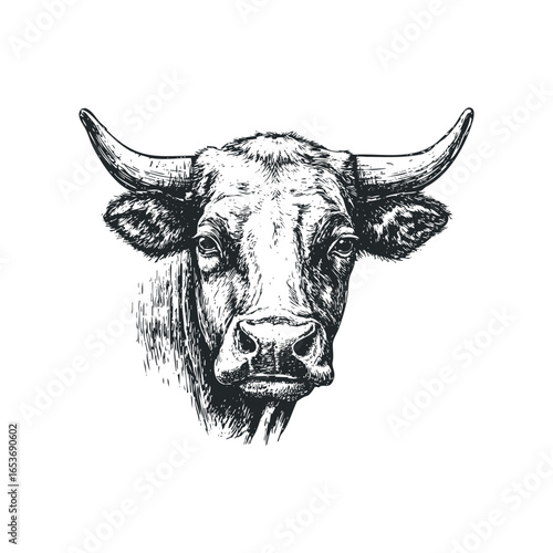 Detailed Sketch of a Bull's Head with Prominent Horns and Textured Fur