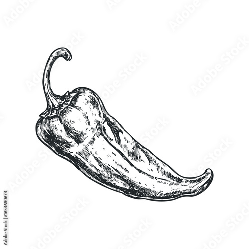 Sketch of a Single Spicy Jalapeño Pepper on White Background