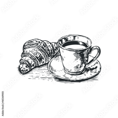 Hand drawn sketch of a croissant and a cup of coffee on a saucer