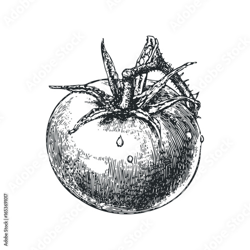 Detailed black and white sketch of a fresh tomato with water droplets