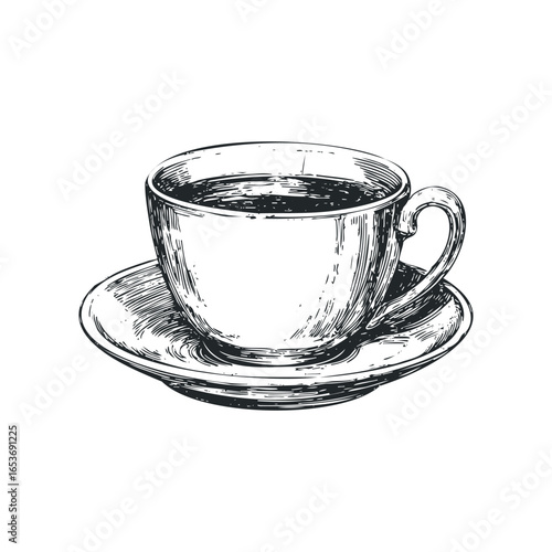 Detailed sketch of a coffee cup and saucer on a white background