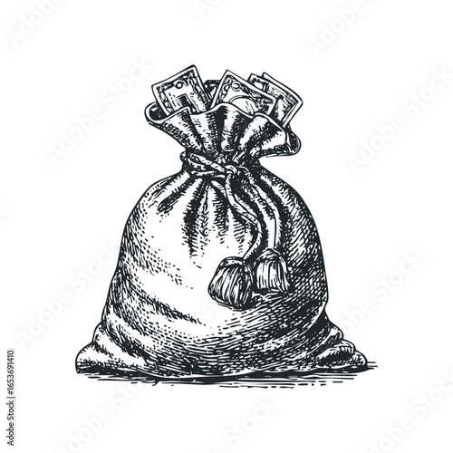 Sketch of a Drawstring Bag Filled with Banknotes