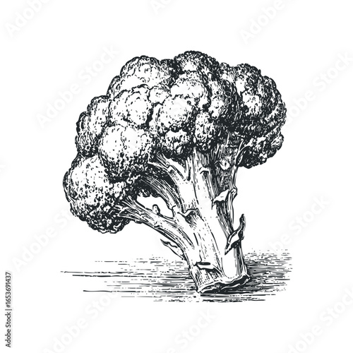 Detailed vintage illustration of a fresh broccoli floret on a white background