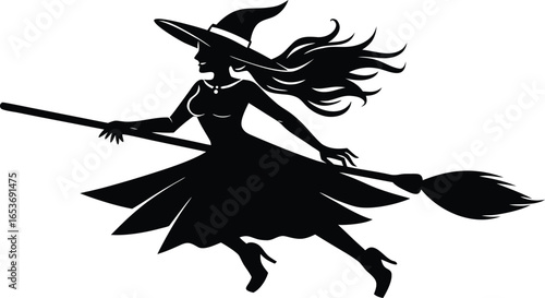 Silhouette of a Witch Flying on Broomstick for Halloween on transparent background