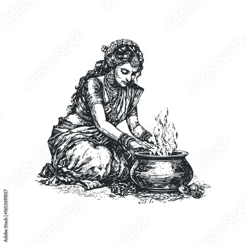 Indian woman in traditional attire preparing food over a fire in a pot