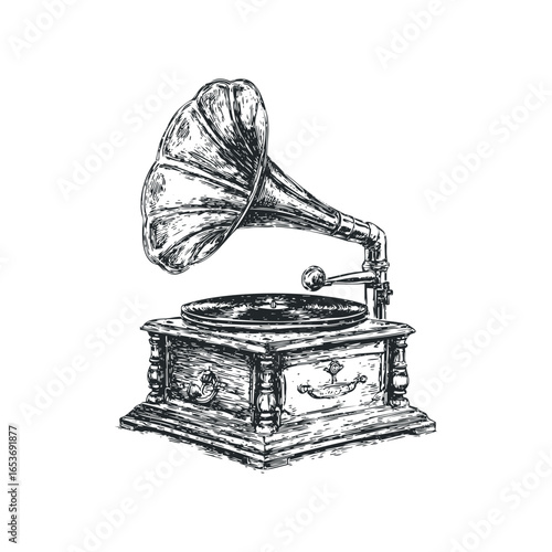 Antique Gramophone with Horn and Vinyl Record