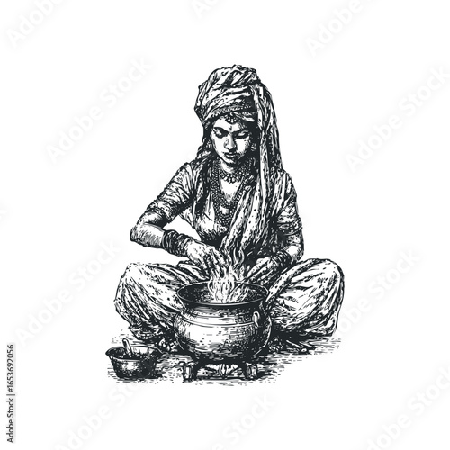 Indian woman in traditional attire preparing food over a hearth