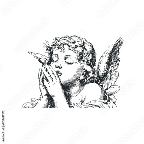 Pensive cherub with feathered wings in a detailed ink sketch