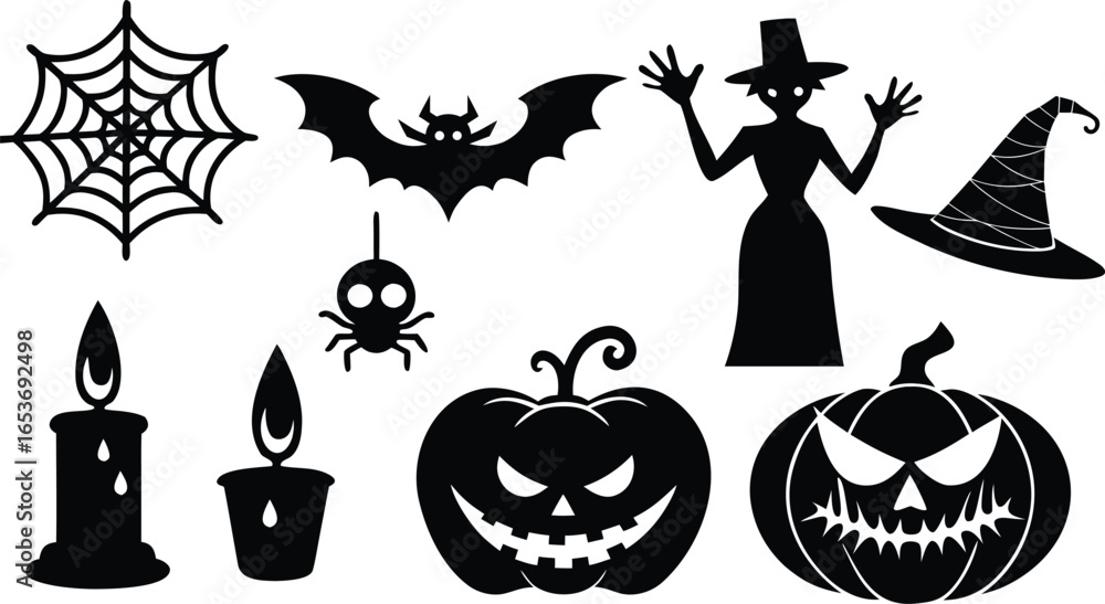 Fototapeta premium Halloween Silhouettes Bat Spider Witch Pumpkin Candle on transparent background