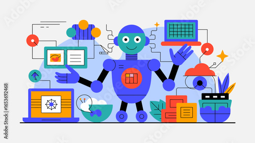 Cheerful robot surrounded by technology elements in colorful flat design