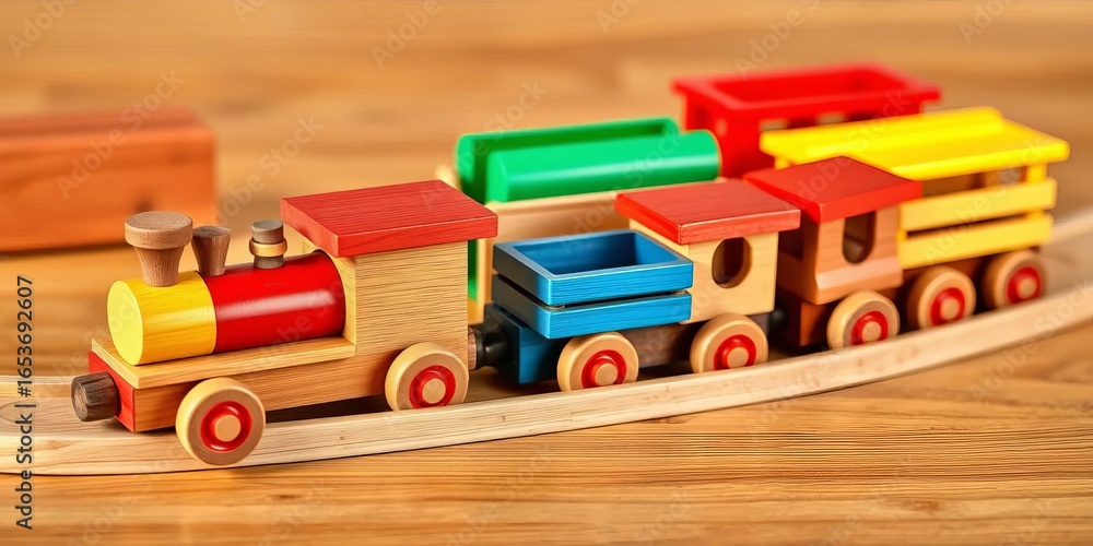 Fototapeta premium Natural wooden train set with colorful wagons, ready for imaginative play, preschool toys, early learning
