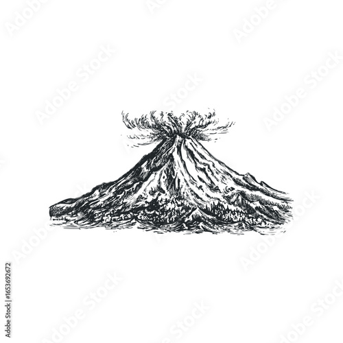 Dramatic sketch of an erupting volcano with ash cloud and lava flow