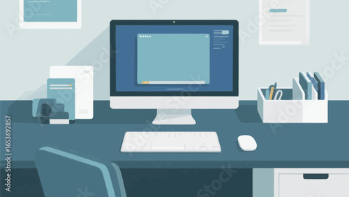Modern office setup with computer, keyboard, and organized desk accessories