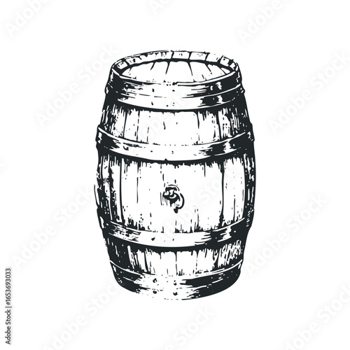 Vintage wooden barrel with metal bands and bung hole