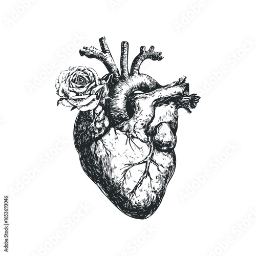 Detailed anatomical heart with a single rose blooming from its side