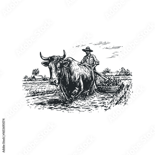 Farmer with Ox and Cart Harvesting Crops in a Field