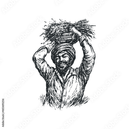 Indian farmer with turban carrying harvest on head smiling