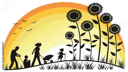 Silhouette Family Walking at Sunset with Sunflowers, Warm and Happy Family Scene, Vector Illustration, Childrens Book, Card Design,  Peaceful and Joyful Mood.