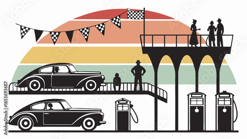 Vintage Retro Sunset Race Car Scene: Classic Cars, Gas Station, Spectators at Elevated Viewing Platform, Checkered Flags, and a Stylish Art Deco Aesthetic.