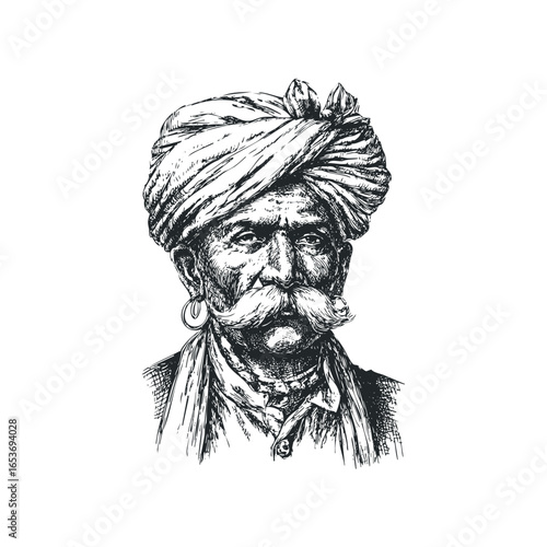 Intense Indian Man with Large Turban and Mustache