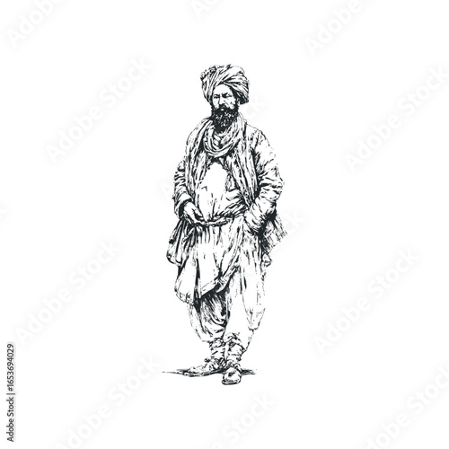 Man in Traditional Attire with Detailed Turban and Garments