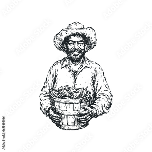 Black farmer in a wide-brim hat holds a wooden bucket filled with produce