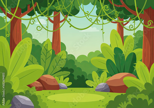 A vibrant cartoon style jungle landscape with towering green trees, lush plants, scattered rocks, and twisting vines hanging down.