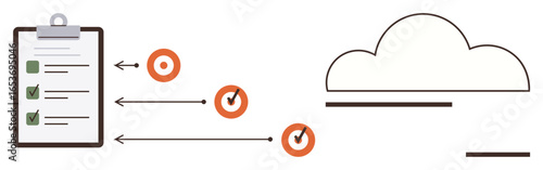 Clipboard with checklist, orange checkmarks, arrows pointing to a cloud shape. Ideal for productivity, organization, data sharing, workflow, remote work task tracking efficiency. Simple flat