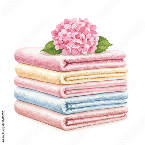 Stacked Pastel Towels with Pink Hydrangea Watercolor Illustration