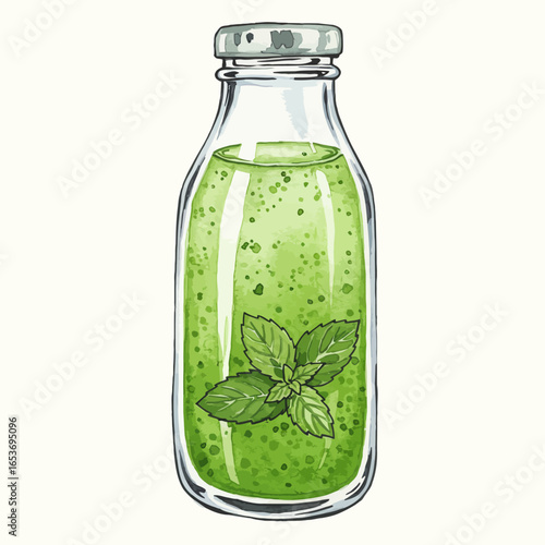 Green Smoothie in Glass Bottle with Mint Leaves Illustration