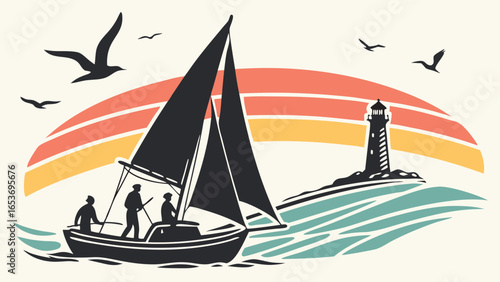 Sailboat with three sailors navigating coastal waters at sunset, retro styled illustration featuring a lighthouse and seagulls, peaceful and nostalgic mood.
